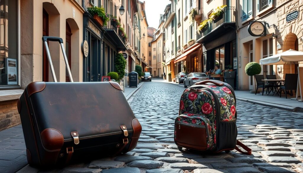 cobblestone streets france travel luggage